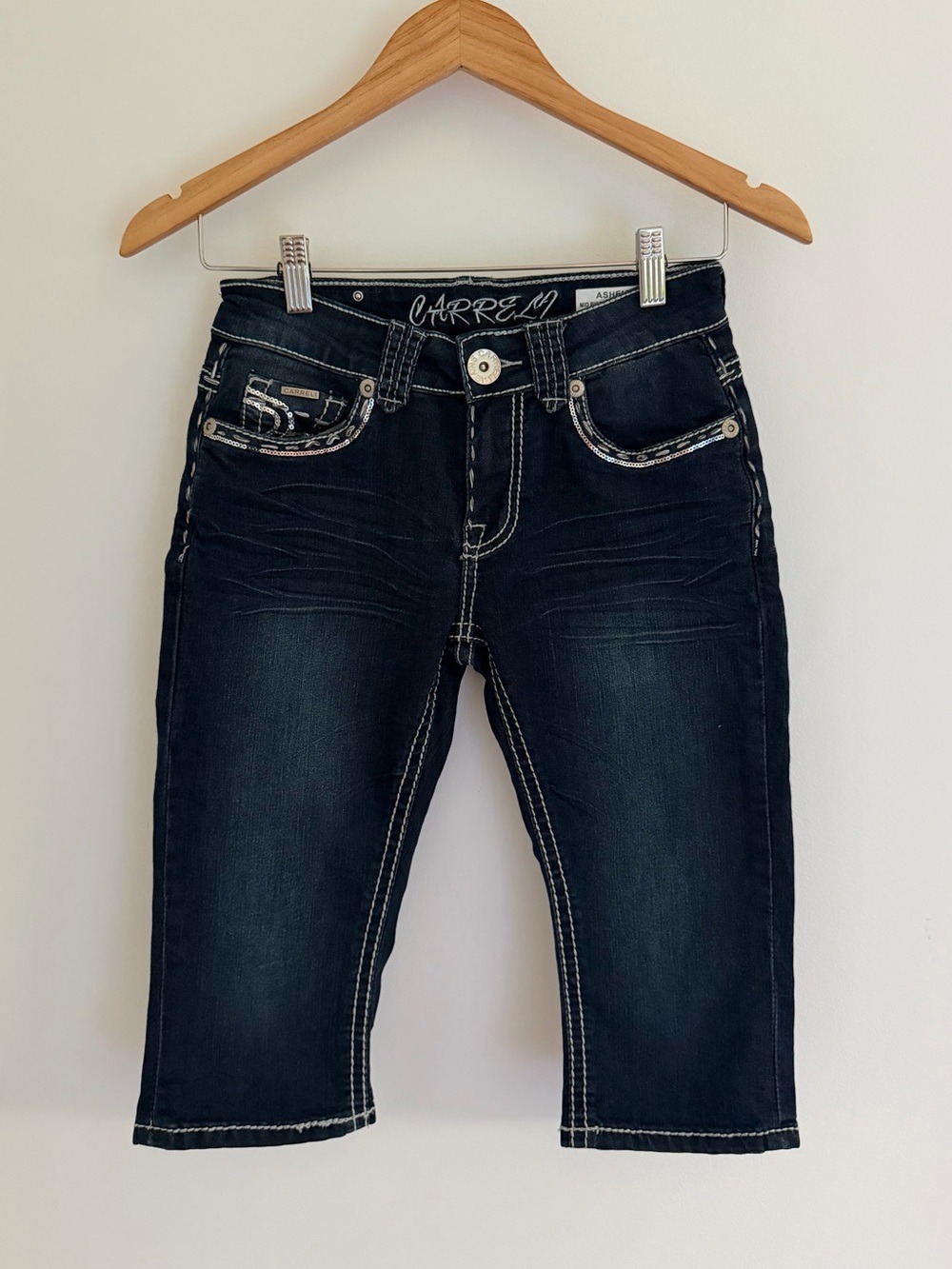 Carreli Ashley Bermuda Denim Shorts Size 25 Dark Wash Sequin Pocket Mid Rise